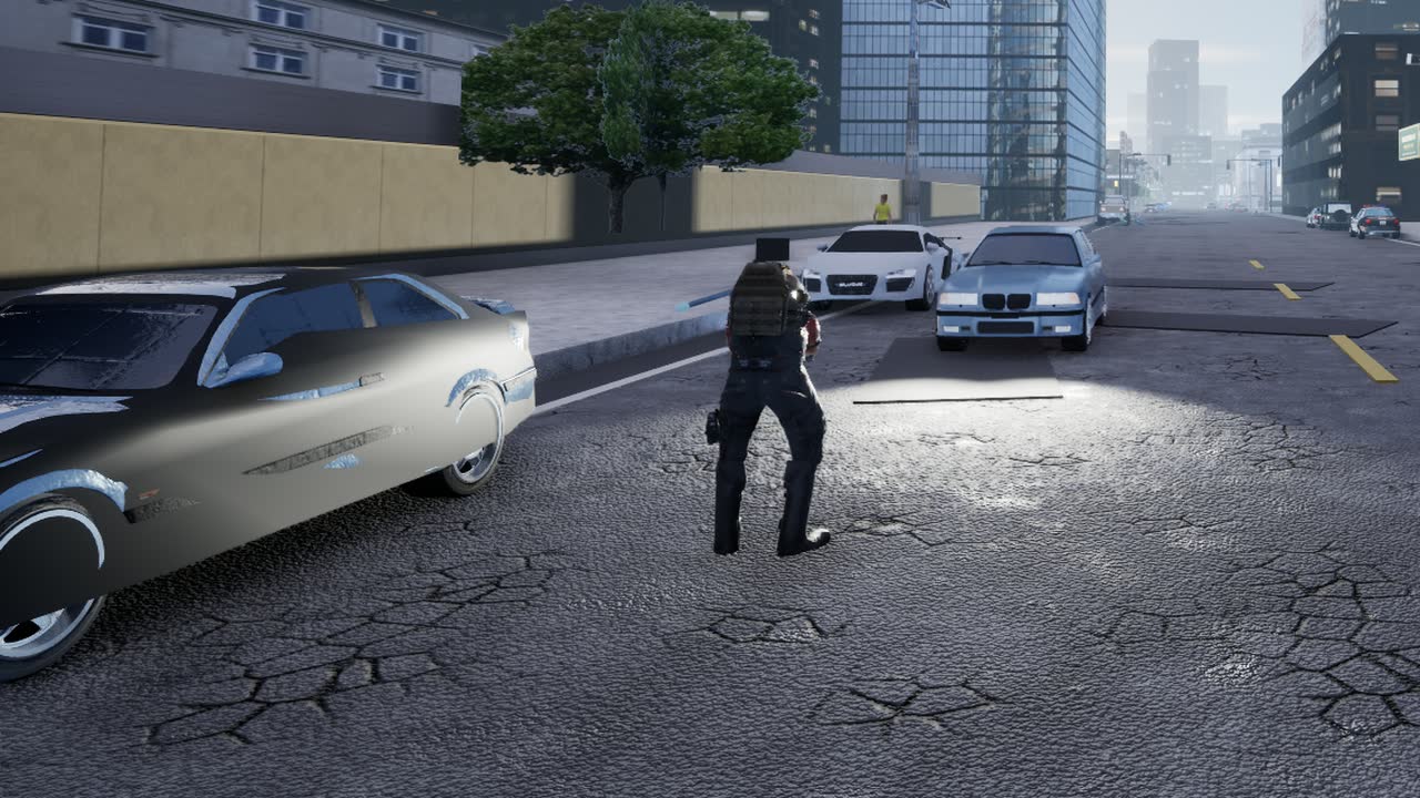 The operative in third person on a cracked Los Angeles avenue, a silver coupe beside them and a white sports car and a blue sedan stopped ahead, glass towers down the street