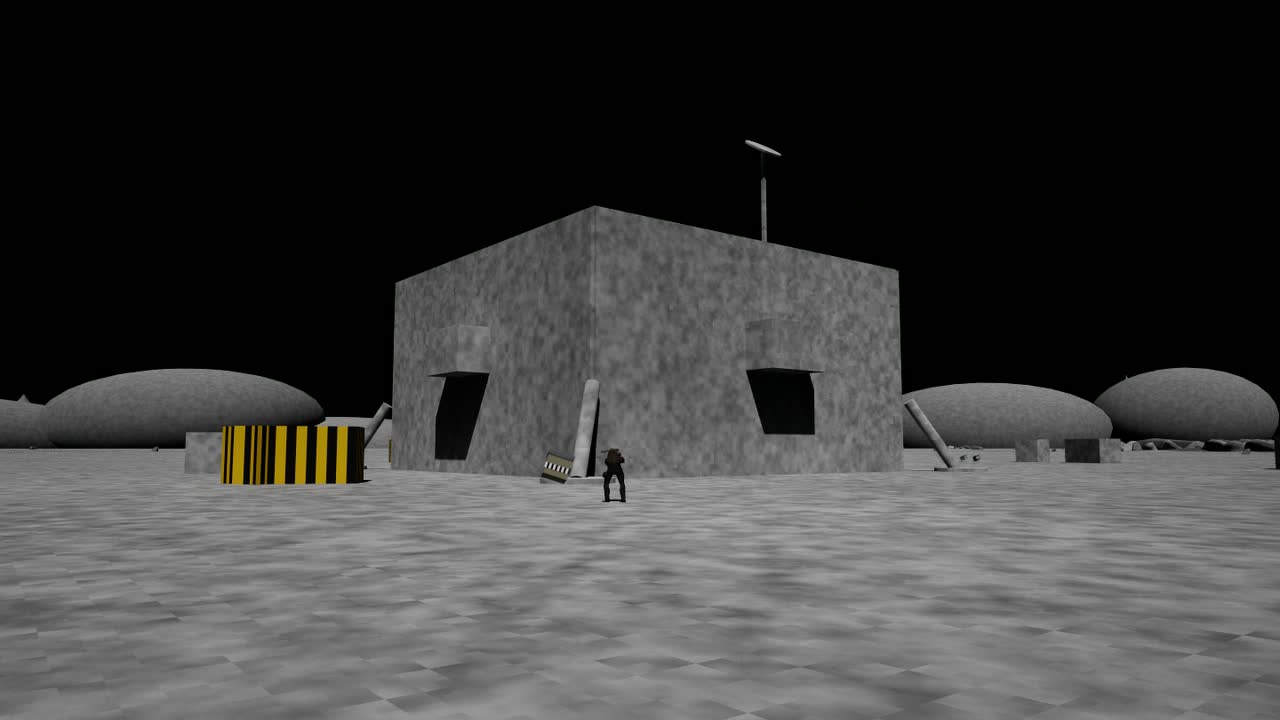 The drop-craft on the gray regolith of the Moon under a black sky, a hazard-striped crate beside it and habitat domes on the horizon, the operative small at its base
