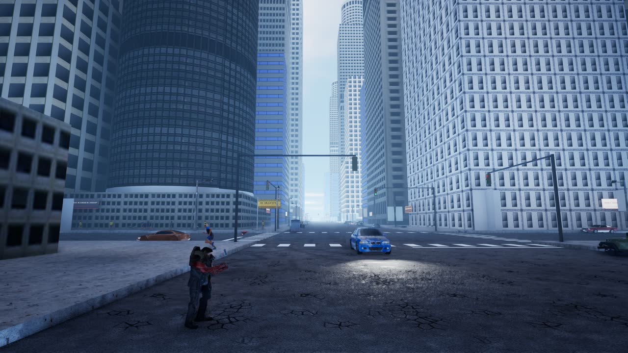 A New York avenue as a canyon of towers, a blue sedan at the crosswalk and a QUARANTINE banner down the block, the operative in the foreground