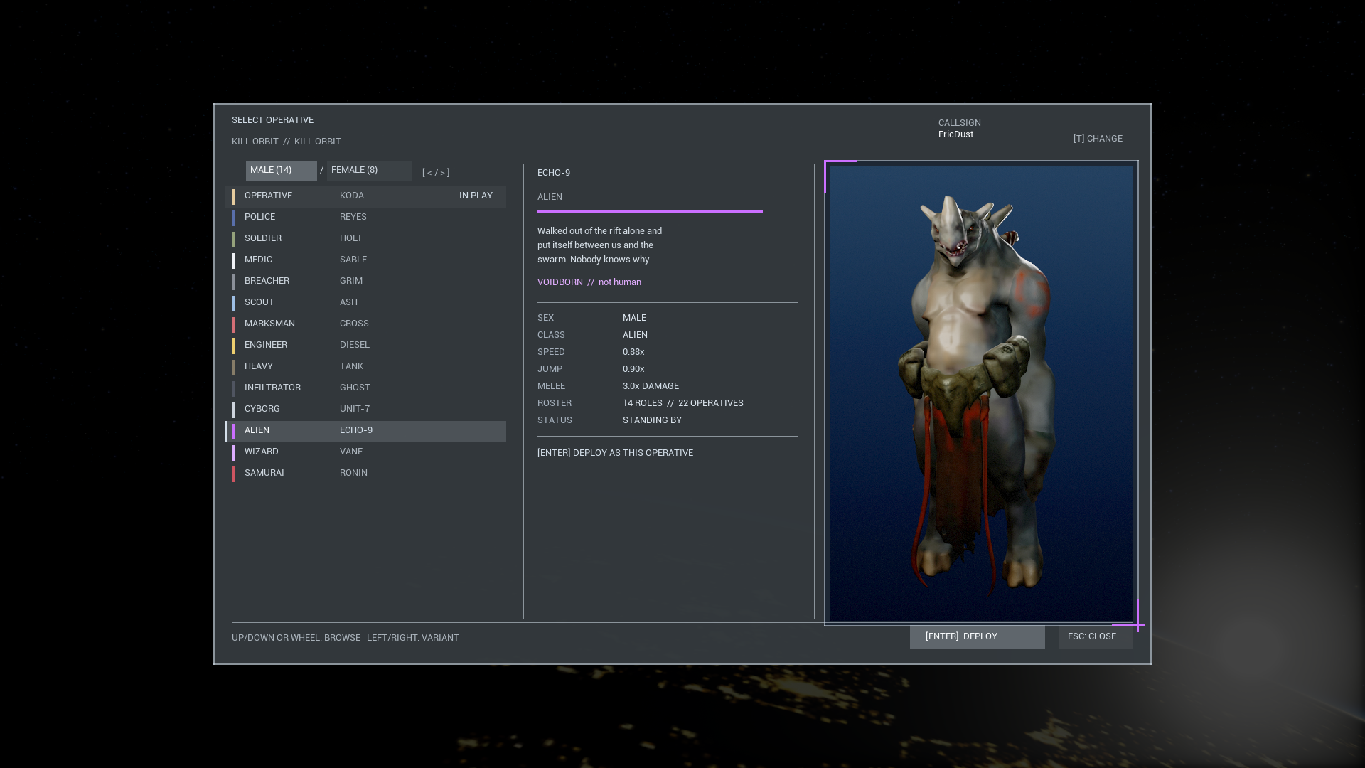 The current operative selector with the Alien operative ECHO-9 selected, mouse and arrow-key controls, and a full character preview