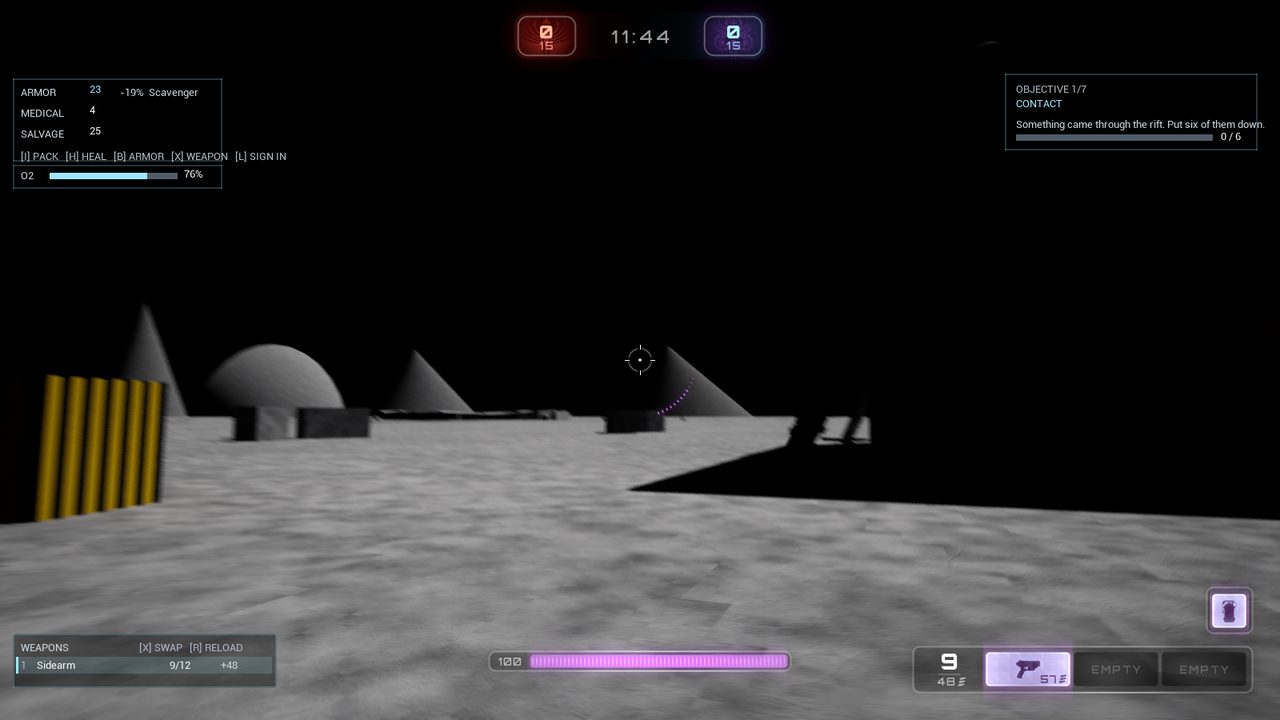 An airless grey surface under a black sky, with a habitat dome on the horizon