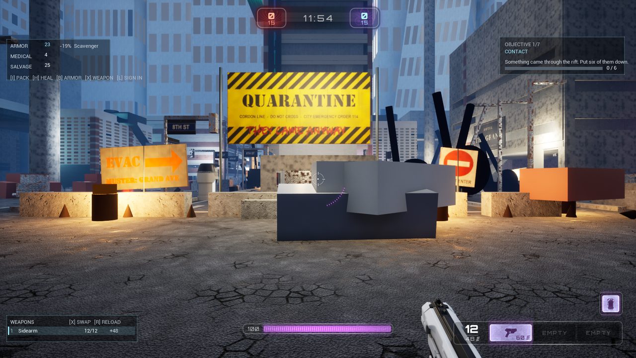 A quarantine cordon across a ruined street, with an evacuation sign nobody followed